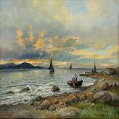 AAGARD Carl Trier Evening Coastalscene With Fishermen At The Shore AAGARD Carl Trier Evening Coastalscene With Fishermen At The Shore