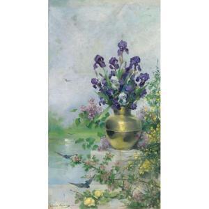 Louise Abbema - A Vase Of Irises On The Terrace