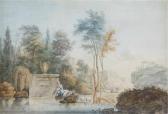 ACKERMANN Johann Adam Am Wasser Sitzende Ziegenhirtin Mit Landschaftsausblick Sowie Blick Auf Einen Bergtempel ACKERMANN Johann Adam Am Wasser Sitzende Ziegenhirtin Mit Landschaftsausblick Sowie Blick Auf Einen Bergtempel