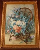 ADAM C Bouquet De Pivoines Sur Un Fauteuil. ADAM C Bouquet De Pivoines Sur Un Fauteuil.