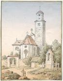 ADAM Heinrich Ansicht Einer Feldsteinkirche Zwischen Bäumen, Im Vordergrund Eine Marienstatue ADAM Heinrich Ansicht Einer Feldsteinkirche Zwischen Bäumen, Im Vordergrund Eine Marienstatue