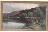 ADAMS A Fisherman Pushing On A River With Wooded Hills Beyond ADAMS A Fisherman Pushing On A River With Wooded Hills Beyond