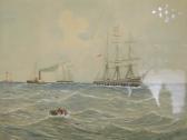 ADDINS E. Sailing Ship In Choppy Seas Withsteam Tug In Background ADDINS E. Sailing Ship In Choppy Seas Withsteam Tug In Background