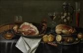 ADRIAENSSEN Alexander A Still Life With A Ham And Chicken On Silver Plates, Glasses Of Wine And Beer, A Bread Roll, A Peeled Lemon And An Earthenware Jug On A Table Draped With A Grey Cloth ADRIAENSSEN Alexander A Still Life With A Ham And Chicken On Silver Plates, Glasses Of Wine And Beer, A Bread Roll, A Peeled Lemon And An Earthenware Jug On A Table Draped With A Grey Cloth