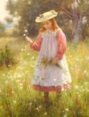 AFFLECK William A Young Girl In A Pinafore With A Ribboned Hat, Collecting Flowers AFFLECK William A Young Girl In A Pinafore With A Ribboned Hat, Collecting Flowers