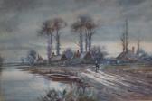 AIRD Edith Winter Landscape Withcottages, Figures And A Punt In Foreground AIRD Edith Winter Landscape Withcottages, Figures And A Punt In Foreground