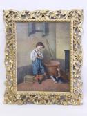 ALESANDRI C. Interior Scene With Young Boy Holding A Bird Teasing Two Cats ALESANDRI C. Interior Scene With Young Boy Holding A Bird Teasing Two Cats