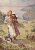 ALEXANDROVITCH Alexandre Joseph Country Girls Holding A Lamb Before A Coastline ALEXANDROVITCH Alexandre Joseph Country Girls Holding A Lamb Before A Coastline