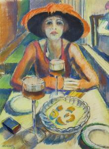 Adrian Paul Allinson - Portrait Of Bianca Mcgilvray Loughnane In Evening Dress And Wearing Orange Feather Trimmed Hat