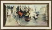 AMIOT Jean A Harbor Scene With Boats And Buildings AMIOT Jean A Harbor Scene With Boats And Buildings