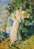 AMISANI Giuseppe Elegante Dame Sich Zurücklehnend In Der Sonne Vor Einem Busch Am Lago Maggiore AMISANI Giuseppe Elegante Dame Sich Zurücklehnend In Der Sonne Vor Einem Busch Am Lago Maggiore
