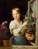 AMON Rosalia Junges Mädchen Am Fenster Mit Blumenstöcken AMON Rosalia Junges Mädchen Am Fenster Mit Blumenstöcken