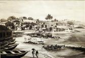 AMONOO Philip African Village With Figures On The Shoreline AMONOO Philip African Village With Figures On The Shoreline