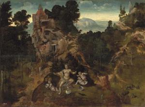 Jan Van Amstel - A Mountainous Landscape With Leda And Her Hatchlings, Saint Antony Abbot