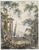 ANDRIESSEN Jurriaan A Classical Landscape With Figures By A Temple With An Obelisk By A Portico And A Fountain With Figures, A Lake And Mountains Beyond ANDRIESSEN Jurriaan A Classical Landscape With Figures By A Temple With An Obelisk By A Portico And A Fountain With Figures, A Lake And Mountains Beyond