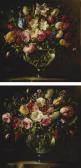 ARELLANO Y FRANCISCO CAMILO de Juan A Pair Of Still Lifes Of Roses, Variegated Tulips, Peonies And Other Flowers In Crystal Vases, On Stone Plinths ARELLANO Y FRANCISCO CAMILO de Juan A Pair Of Still Lifes Of Roses, Variegated Tulips, Peonies And Other Flowers In Crystal Vases, On Stone Plinths