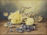 ARNOLD Clara Still Life With Yellow Roses And Blue Hydrangea. Signed And Dated Lower Right C. Maxfield 1902. ARNOLD Clara Still Life With Yellow Roses And Blue Hydrangea. Signed And Dated Lower Right C. Maxfield 1902.
