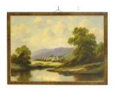 ASHTON Spencer Pastoral Landscape With Village On For Bank Of River ASHTON Spencer Pastoral Landscape With Village On For Bank Of River