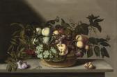 ASSTEYN Bartholomeus A Still Life Of Grapes, Cherries, Peaches And Other Fruit In A Basket, With A Rose And A Dragonfly On A Stone Ledge ASSTEYN Bartholomeus A Still Life Of Grapes, Cherries, Peaches And Other Fruit In A Basket, With A Rose And A Dragonfly On A Stone Ledge