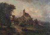 AUGUSTE J. Flußtal Mit Abteikirche Auf Bergkuppe Und Figurenstaffage AUGUSTE J. Flußtal Mit Abteikirche Auf Bergkuppe Und Figurenstaffage