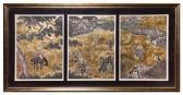 AUGUSTINE Triptych: Japanese Figures In Village AUGUSTINE Triptych: Japanese Figures In Village