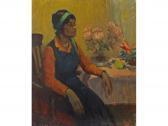 BAGUST FREDERICK Portrait Of A Black Woman, Wearing An Orange Dress, Blue Apron And White Necklace With A Green Ribbon Decorating Her Hair, Flowers In A Vase Nearby BAGUST FREDERICK Portrait Of A Black Woman, Wearing An Orange Dress, Blue Apron And White Necklace With A Green Ribbon Decorating Her Hair, Flowers In A Vase Nearby
