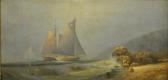 BAKER Elisha Taylor Gaff-rigged Sloops Along A Shoreline With Figures And Oak Barrels On The Beach BAKER Elisha Taylor Gaff-rigged Sloops Along A Shoreline With Figures And Oak Barrels On The Beach