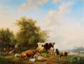 BAKHUIJZEN VAN DE SANDE Hendrik Kühe Und Schafe Vor Einem Wäldchen Bei Einemgewässer. BAKHUIJZEN VAN DE SANDE Hendrik Kühe Und Schafe Vor Einem Wäldchen Bei Einemgewässer.