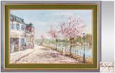 BAMPFIELD John Cafe Scene By Riverside With Figures And Blossom Trees BAMPFIELD John Cafe Scene By Riverside With Figures And Blossom Trees