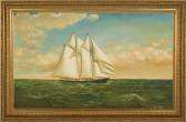 BANCROFT G. Pilot Schooner Underway In A Serene Green Sea With A Bright Cloudy Sky In Background BANCROFT G. Pilot Schooner Underway In A Serene Green Sea With A Bright Cloudy Sky In Background