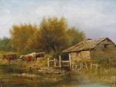 BANKS W. Cattle Watering Beside A Building In A Landscape BANKS W. Cattle Watering Beside A Building In A Landscape