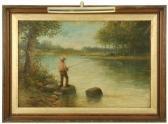BARDON G.E. Fisherman On A Pond Shore, With Man In Rowboat In Distance BARDON G.E. Fisherman On A Pond Shore, With Man In Rowboat In Distance