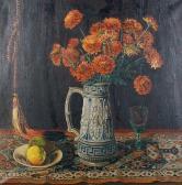 BARKER John Edward Still Life With Vase Of Chrysanthemums On A Patterned Rug BARKER John Edward Still Life With Vase Of Chrysanthemums On A Patterned Rug