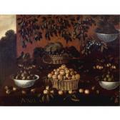 BARRERA Francisco An Allegory Of The Month Of June: Still Life Of Apples, Plums, Figs And Blackberries In Wicker Baskets And Porcelain Bowls, Arranged On A Stepped Ledge, With Branches Of Plums Suspended From Above BARRERA Francisco An Allegory Of The Month Of June: Still Life Of Apples, Plums, Figs And Blackberries In Wicker Baskets And Porcelain Bowls, Arranged On A Stepped Ledge, With Branches Of Plums Suspended From Above