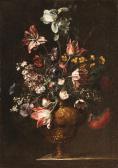 BARTOLOMI Pérez Tulips, Roses, Carnations And Other Flowers In Bronze Vases Onstone Ledges BARTOLOMI Pérez Tulips, Roses, Carnations And Other Flowers In Bronze Vases Onstone Ledges