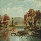 BARYMORE William An American Mountain Landscape With Houses, Cows And Figures BARYMORE William An American Mountain Landscape With Houses, Cows And Figures