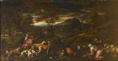 BASSANO Francesco II An Extensive River Landscape With A Huntsman And His Dogs, A Washerwoman With Chickens, Sheep And Goats Nearby BASSANO Francesco II An Extensive River Landscape With A Huntsman And His Dogs, A Washerwoman With Chickens, Sheep And Goats Nearby