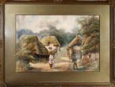 BEATRIX pollitt A Village Lane With A Mother And Two Children Greeting A Man BEATRIX pollitt A Village Lane With A Mother And Two Children Greeting A Man