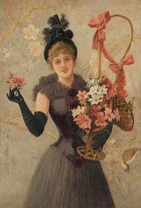 Jan Van Beers -  Young Woman With Basket Of Flowers