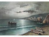 BELTRAME R. Italian Coastal Scene With Moored Boats And Two In The Distance BELTRAME R. Italian Coastal Scene With Moored Boats And Two In The Distance
