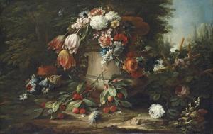 Abate Andrea Belvedere - Roses, Tulips, Carnations And Other Flowers In A Stone Urn, With Roses On A Trellis, Figs, Cherries And A Pomegranate On A Garden Floor