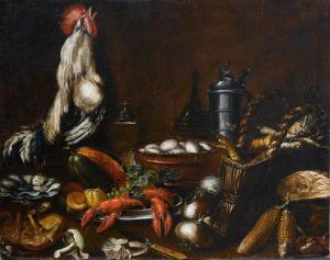 Andries, Andrea Benedetti - A Rooster, A Bowl Of Eggs, A Basket With Beets, Fruits, Crawfish, Mushrooms, Corn, A Pewter Jug And A Wine Bottle On A Tabletop