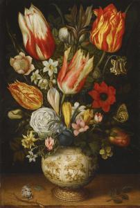 Christoffel Van Den Berghe - Tulips, Roses, Narcissi, Daffodils, Crocuses, An Iris, A Poppy And Other Flowers In A Gilt Mounted Porcelain Vase On A Ledge, With A Queen Of Spain Fritillary, A White Ermine And A Magpie Butterfly