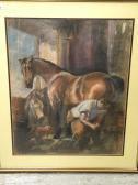 BERTA W Farrier At Work In A Stable With Dog And Donkey BERTA W Farrier At Work In A Stable With Dog And Donkey