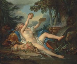 Jean Simon Berthelemy - A Wooded Landscape With A Bacchante Playing The Cymbals And A Sleeping Faun