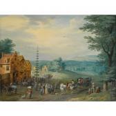 BESCHEY Karel, Charles A Summer Landscape With Elegant Travellers, A Horse-drawn Wagon, Near A Village With Peasants Dancing Around A May-tree; A Winter Landscape With Travellers And A Horse-drawn Cart, Near A Village With Figures Skating On A Frozen River Nearby BESCHEY Karel, Charles A Summer Landscape With Elegant Travellers, A Horse-drawn Wagon, Near A Village With Peasants Dancing Around A May-tree; A Winter Landscape With Travellers And A Horse-drawn Cart, Near A Village With Figures Skating On A Frozen River Nearby