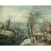 BESCHEY Karel, Charles A Winter Landscape With Skaters On A Frozen River, A Village And Windmill Beyond BESCHEY Karel, Charles A Winter Landscape With Skaters On A Frozen River, A Village And Windmill Beyond