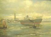 BETZOU Martin Ausschnitt Des Hamburger Hafen Mit Michel. Im Mittelgrund Frachtschiff Mit Schlepper. Unten Links Signiert Martin Bétzou BETZOU Martin Ausschnitt Des Hamburger Hafen Mit Michel. Im Mittelgrund Frachtschiff Mit Schlepper. Unten Links Signiert Martin Bétzou