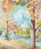 BILLSON FRANCES B. Footbridge Over River With Church In Background BILLSON FRANCES B. Footbridge Over River With Church In Background