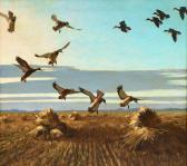 BISHOP Richard Evett Twelve Mallard Ducks In Flight Over Plowed Haystacks BISHOP Richard Evett Twelve Mallard Ducks In Flight Over Plowed Haystacks
